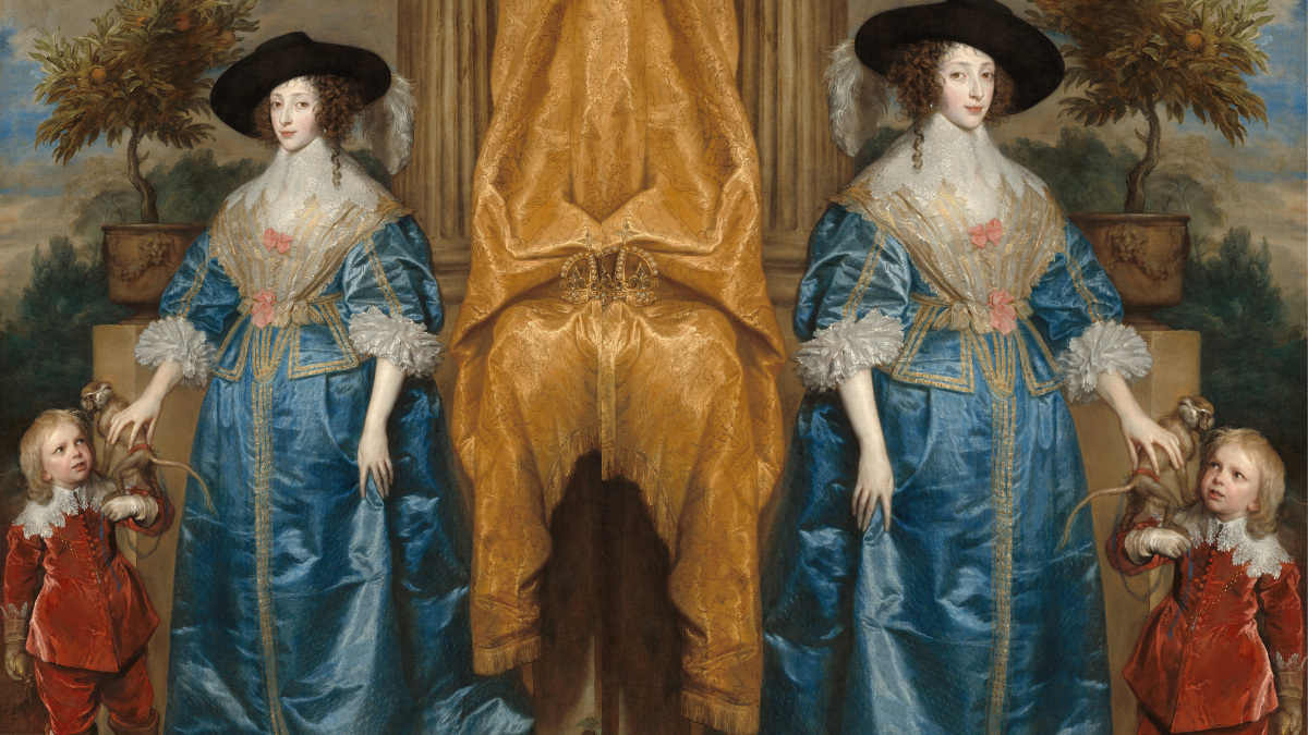 Queen Henrietta Maria standing beside Jeffrey Hudson in royal court attire.