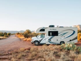 White and brown RV parked on an open field under clear daylight, symbolizing freedom and adventure on the open road.