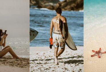 Man enjoying summer escape on a beach with surfboard