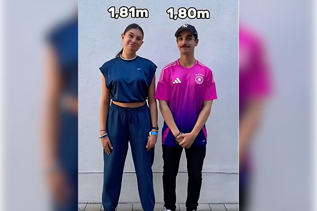 Tareq Salameh stands next to Celine Dept in a height comparison video, with Tareq measured at 1.80m and Celine at 1.81m, confirming his height in 2025.