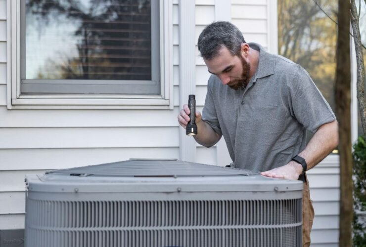 Technician inspecting an outdoor HVAC unit for maintenance.