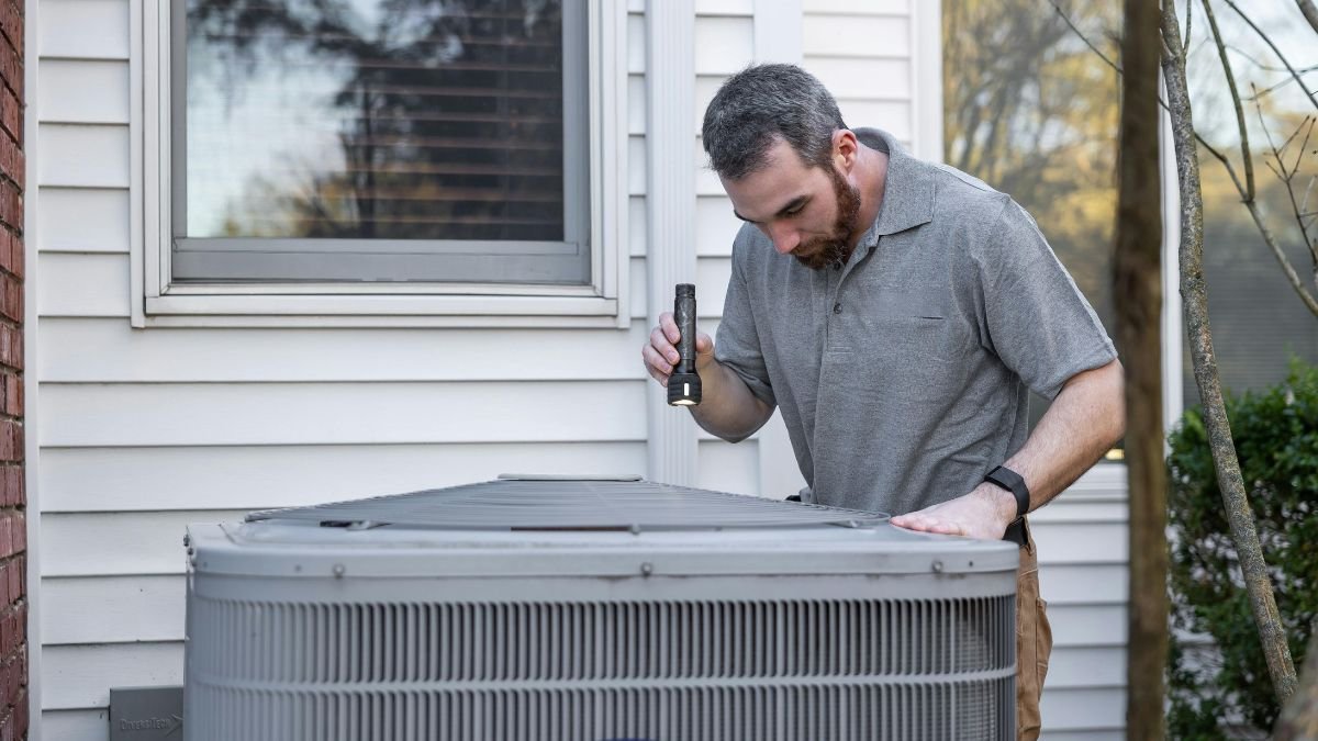 Technician inspecting an outdoor HVAC unit for maintenance.
